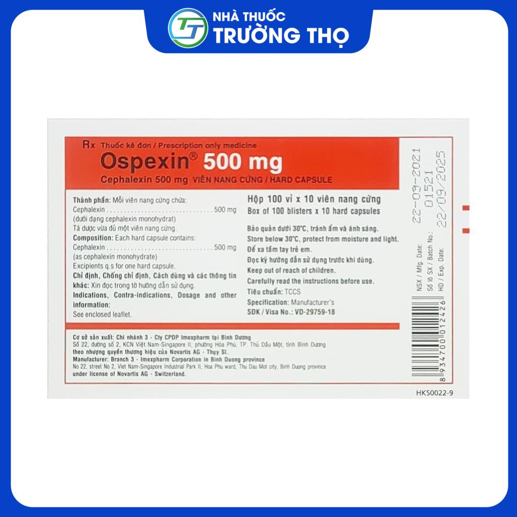 Ospexin 500mg (Cephalexin Thuốc Ospexin 500mg Imexpharm điều trị nhiều loại nhiễm khuẩn